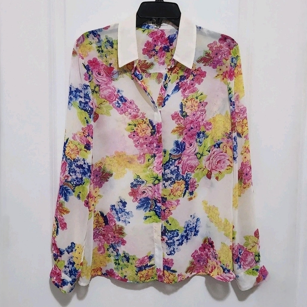 Kut From The Kloth Women's M Sheer Floral Button Up Blouse Cottagecore Bloomcore